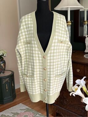 Joie Gingham Plaid Oversized Cardigan Sweater Sage Green Gold Lion Button XL